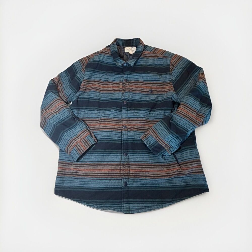 Sun Stone Mens XL Blue Striped Flannel Shirt Jacket Snap Front Lined Shacket